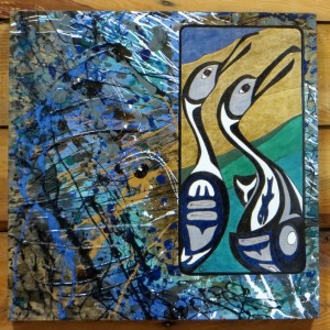 SOLD - My NW Native-Pollock Inspired Series VII - Hungry Cormorants - 20x20 - Wood Canvas